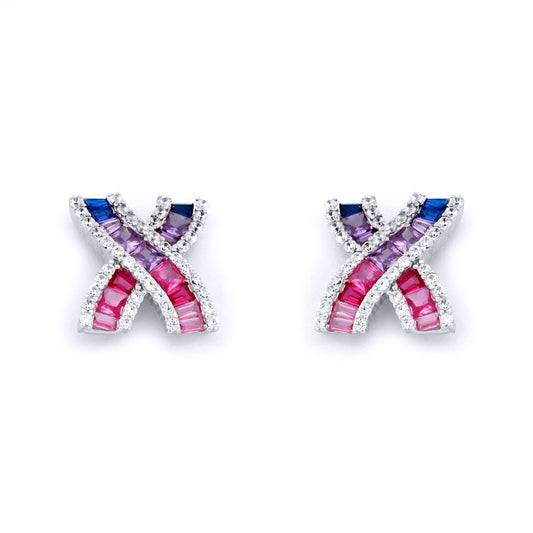 Silver  Pink Lilac Blue Princess CZ Crossroads Kiss Stud Earrings - AES232