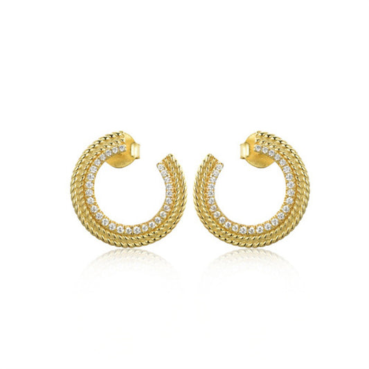 Gold-plated Silver  CZ Rope Edge Halo Enso Circle Stud Earrings - AES236