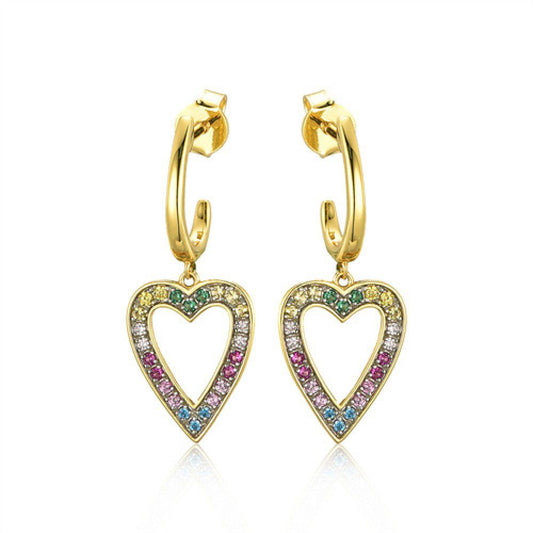 Gold-plated Silver  Rainbow CZ Semi-Hoop Love Heart Drop Earrings - AES238