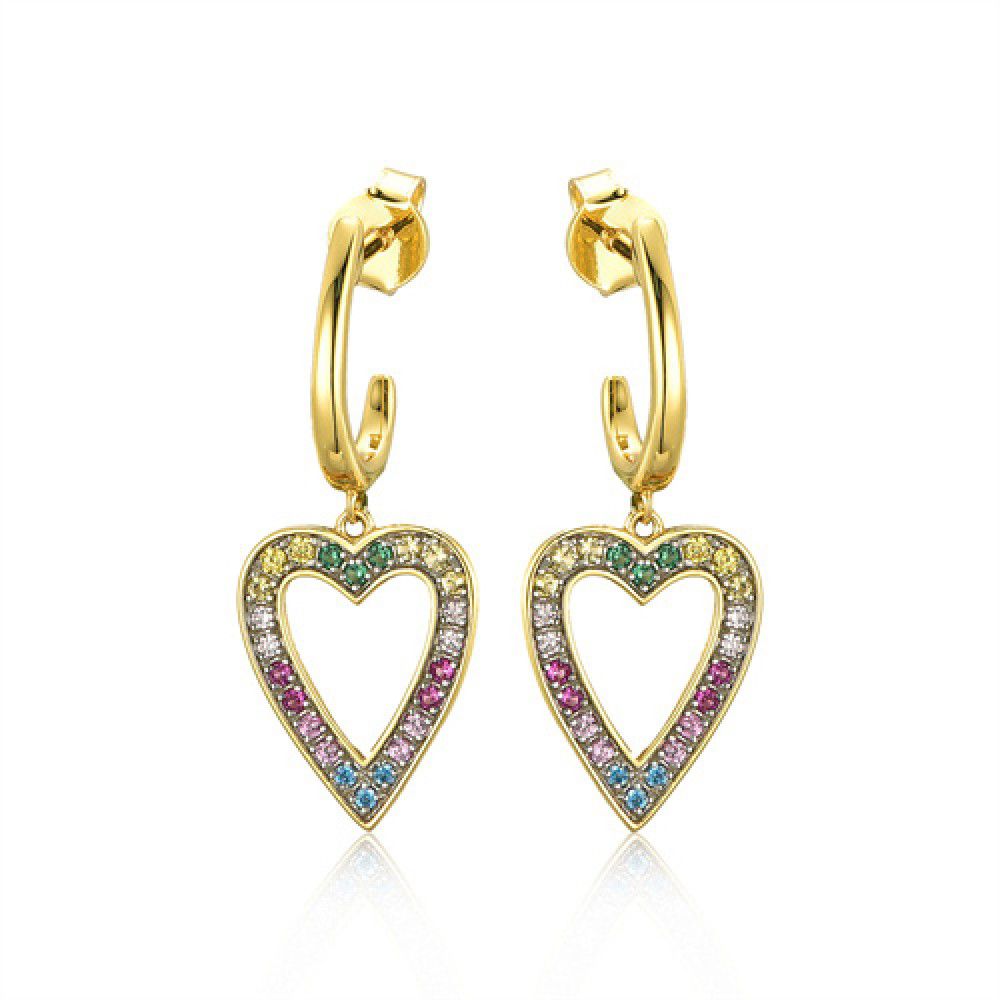 Gold-plated Silver  Rainbow CZ Semi-Hoop Love Heart Drop Earrings - AES238