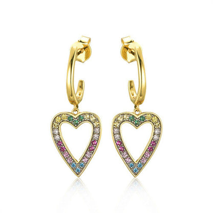 Gold-plated Silver  Rainbow CZ Semi-Hoop Love Heart Drop Earrings - AES238