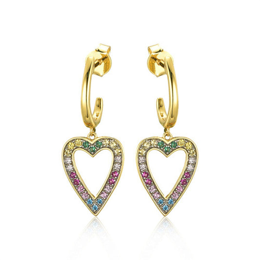 Gold-plated Silver  Rainbow CZ Semi-Hoop Love Heart Drop Earrings - AES238