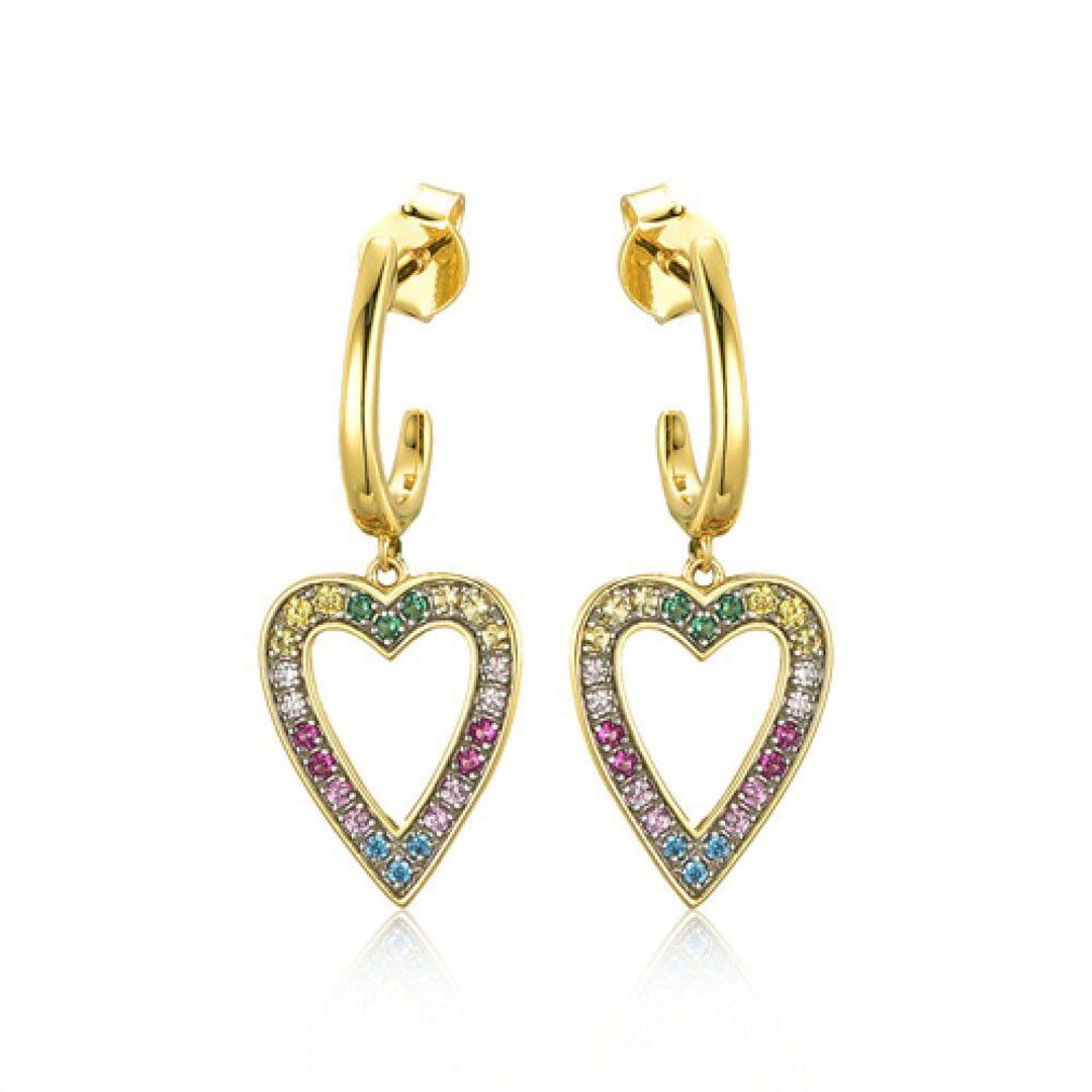 Gold-plated Silver  Rainbow CZ Semi-Hoop Love Heart Drop Earrings - AES238