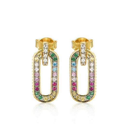 Gold-plated Silver  Rainbow CZ Paperclip Oval Halo Drop Earrings - AES240