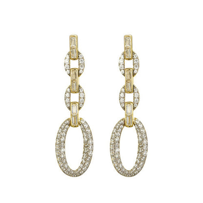 Gold-plated Silver  Baguette CZ Oval Link Chain Drop Earrings - AES242