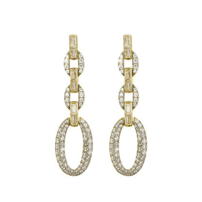 Gold-plated Silver  Baguette CZ Oval Link Chain Drop Earrings - AES242