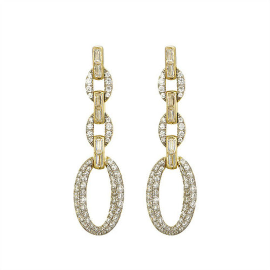 Gold-plated Silver  Baguette CZ Oval Link Chain Drop Earrings - AES242