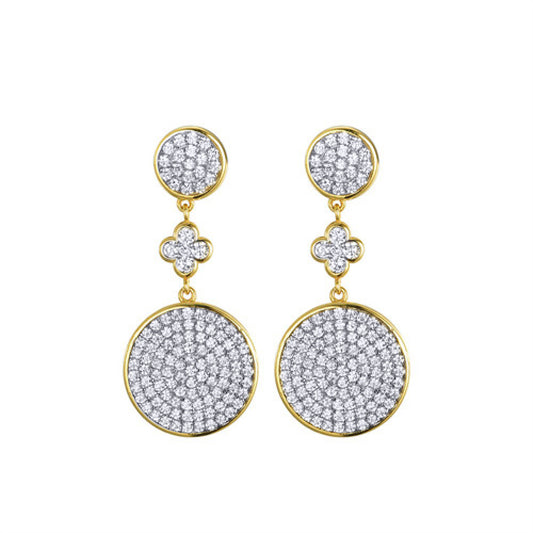 Gold-plated Silver  CZ Encrusted Flat Disc Clover Drop Earrings - AES243