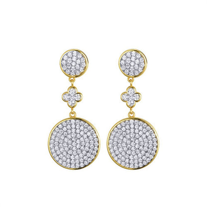 Gold-plated Silver  CZ Encrusted Flat Disc Clover Drop Earrings - AES243
