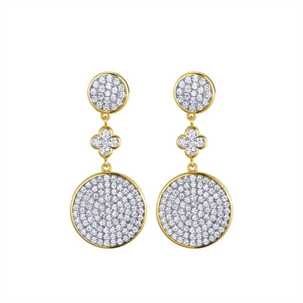 Gold-plated Silver  CZ Encrusted Flat Disc Clover Drop Earrings - AES243