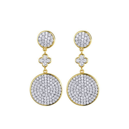 Gold-plated Silver  CZ Encrusted Flat Disc Clover Drop Earrings - AES243