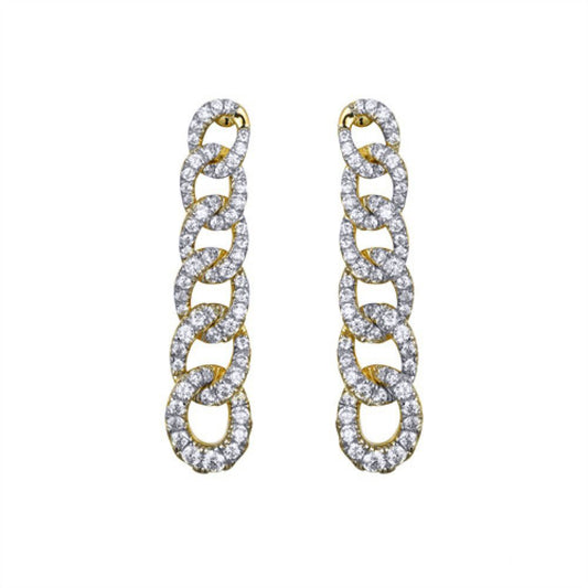Gold-plated Silver  CZ Encrusted Albert Curb Link Drop Earrings - AES244