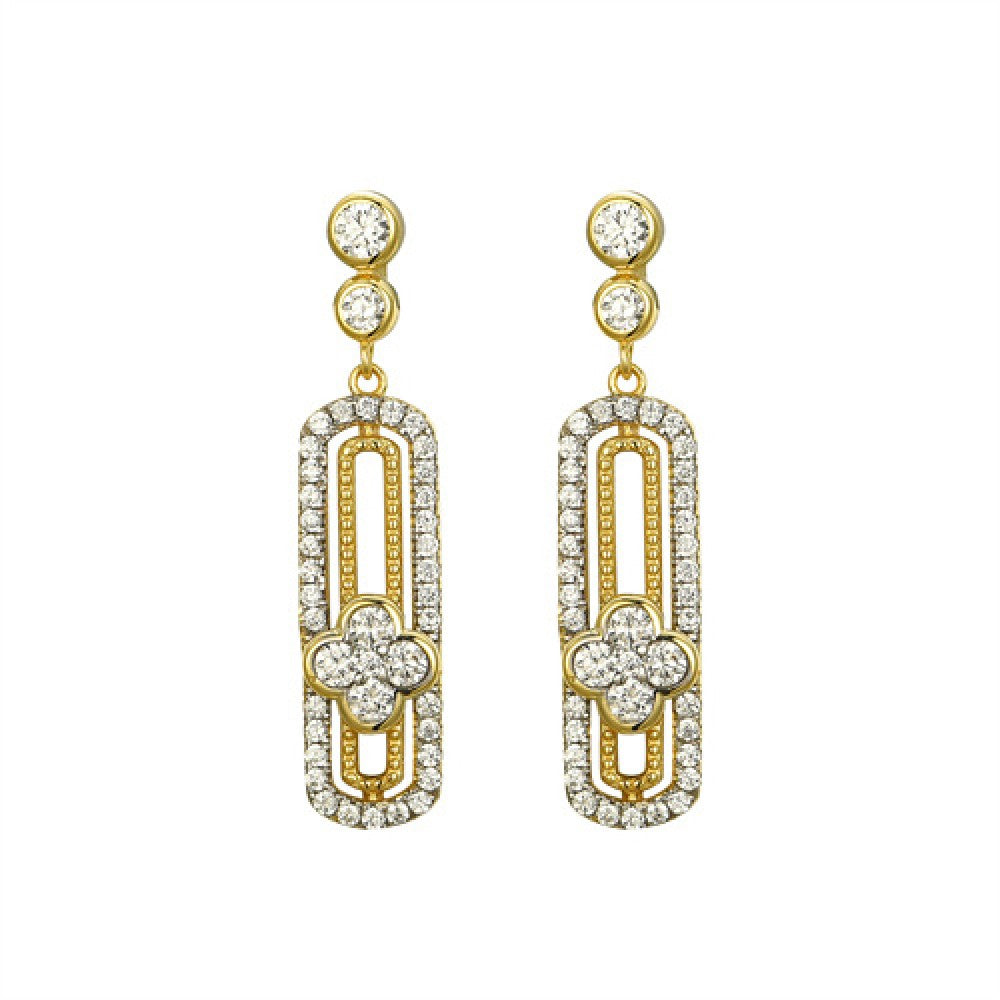 14k Gold-plated Silver  CZ Oval Paperclip Clover Drop Earrings - AES248