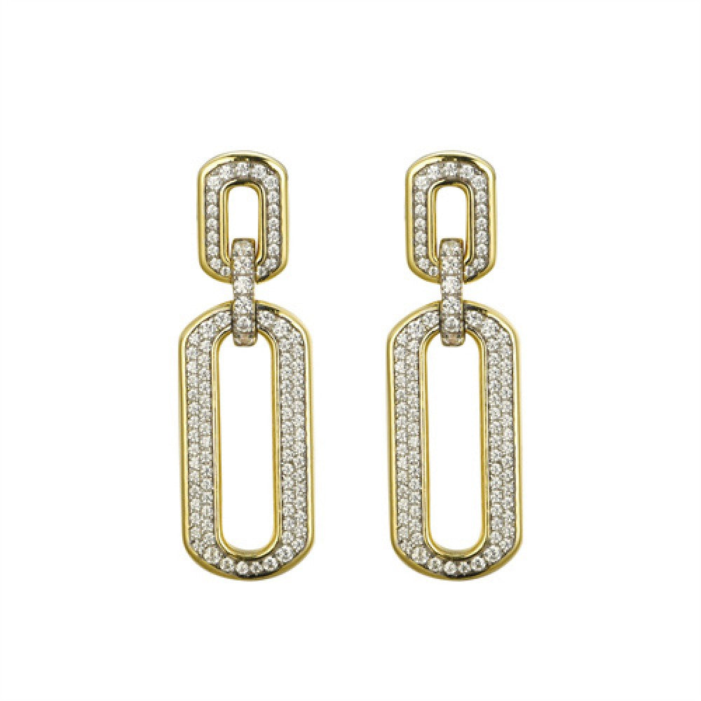 14k Gold-plated Silver  CZ Double Oval Paperclip Drop Earrings - AES249