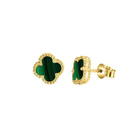 Gold-plated Silver  Green Clover Malachite  Charm Stud Earrings - AES251-GP