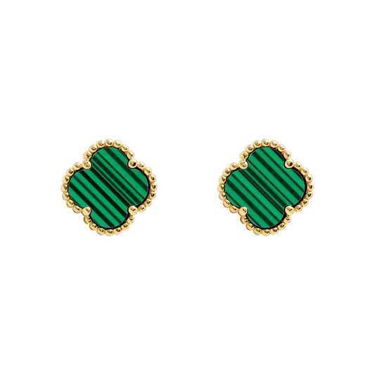 Gold-plated Silver  Green Clover Malachite  Charm Stud Earrings - AES251-GP