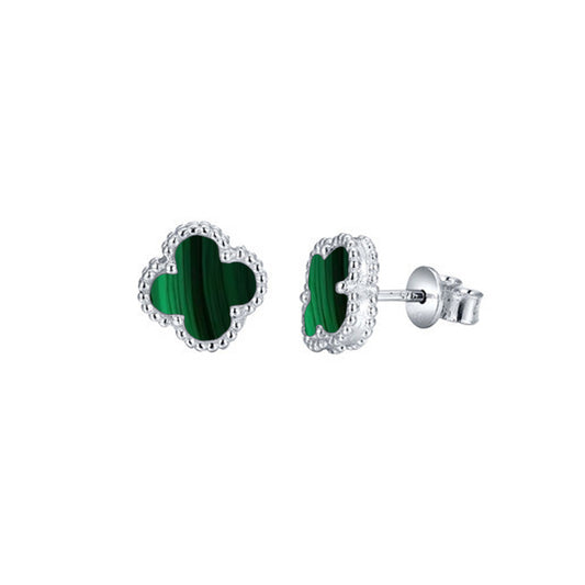 Silver  Green Clover Malachite Bead Edge Lucky Charm Stud Earrings - AES251