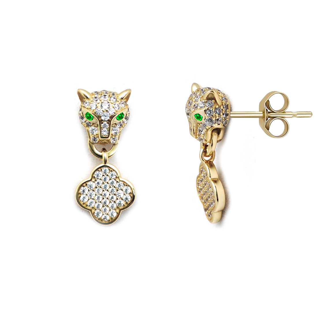 Gold-plated Silver  Green CZ Clover Halo Lucky Charm Drop Earrings - AES253-GP