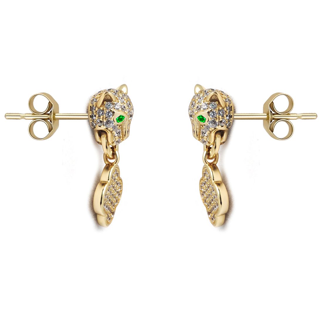 Gold-plated Silver  Green CZ Clover Halo Lucky Charm Drop Earrings - AES253-GP