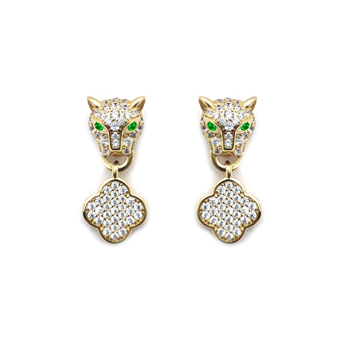 Gold-plated Silver  Green CZ Clover Halo Lucky Charm Drop Earrings - AES253-GP