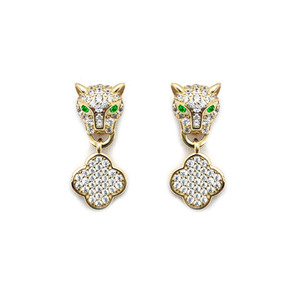 Gold-plated Silver  Green CZ Clover Halo Lucky Charm Drop Earrings - AES253-GP