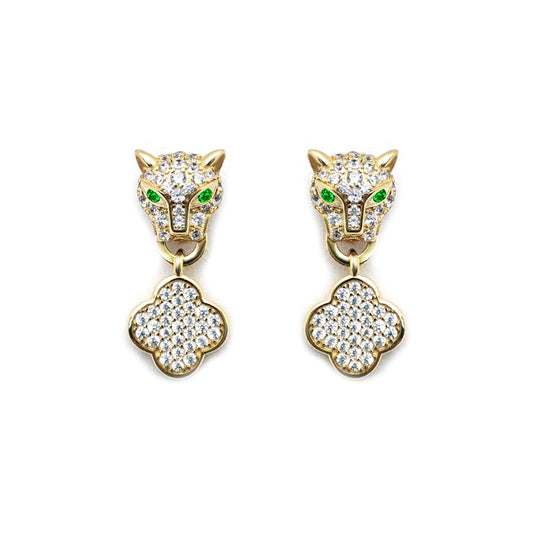 Gold-plated Silver  Green CZ Clover Halo Lucky Charm Drop Earrings - AES253-GP