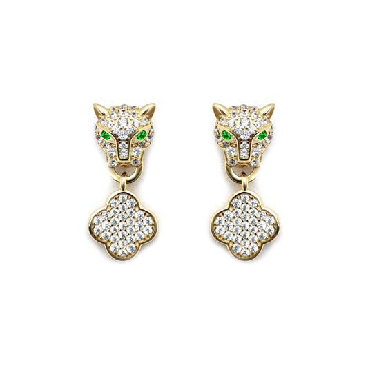 Gold-plated Silver  Green CZ Clover Halo Lucky Charm Drop Earrings - AES253-GP