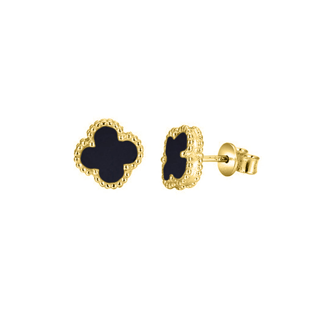 Gold-plated Silver Black Clover Onyx Lucky Charm Stud Earrings - AES254-GP