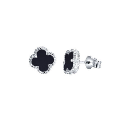 Silver Black Clover Onyx Lucky Charm Stud Earrings - AES254