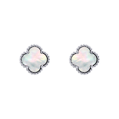 Silver Clover Mother of Pearl Lucky Charm Stud Earrings - AES255