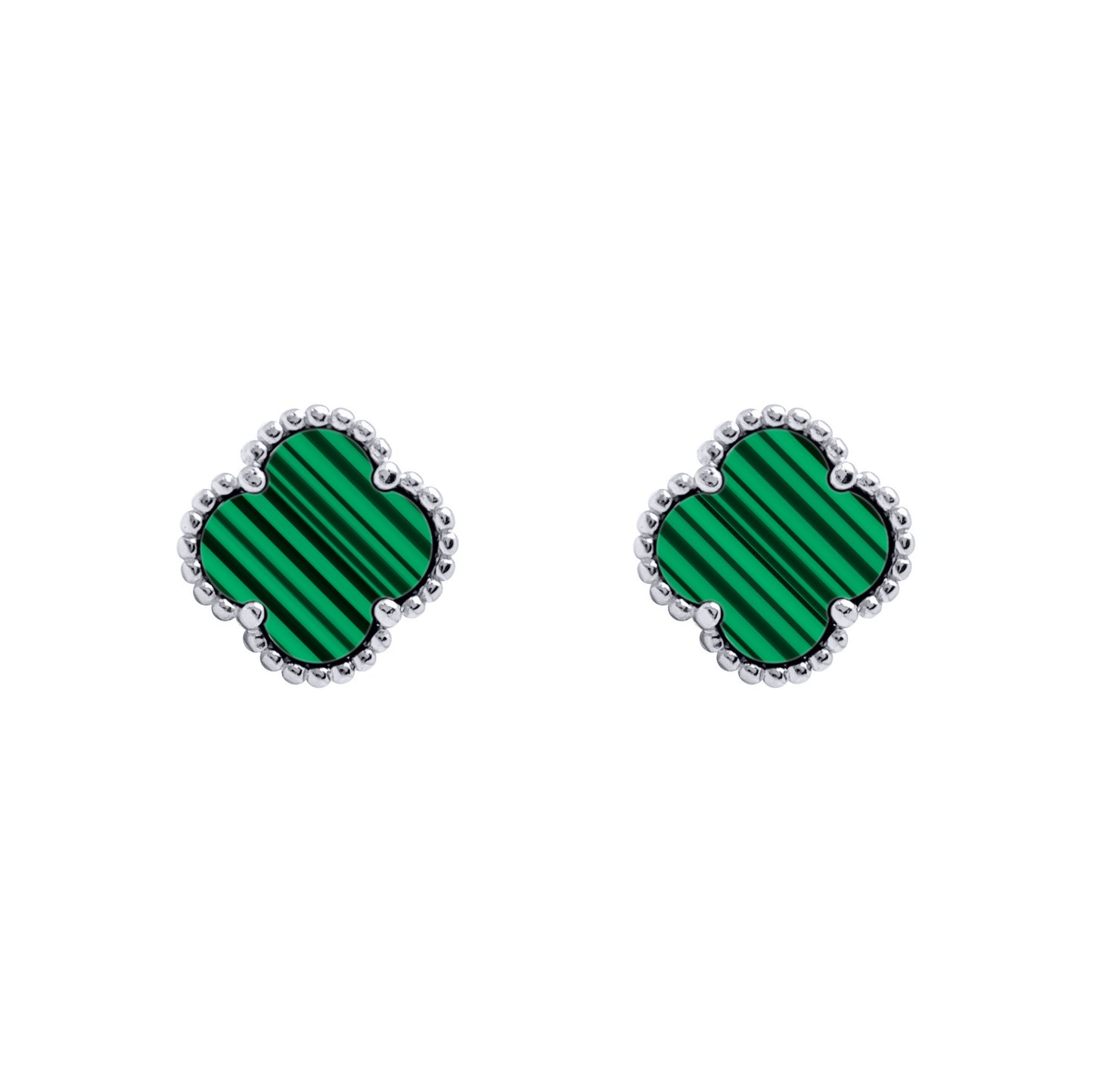 Silver Green Clover Malachite Lucky Charm Stud Earrings - AES257