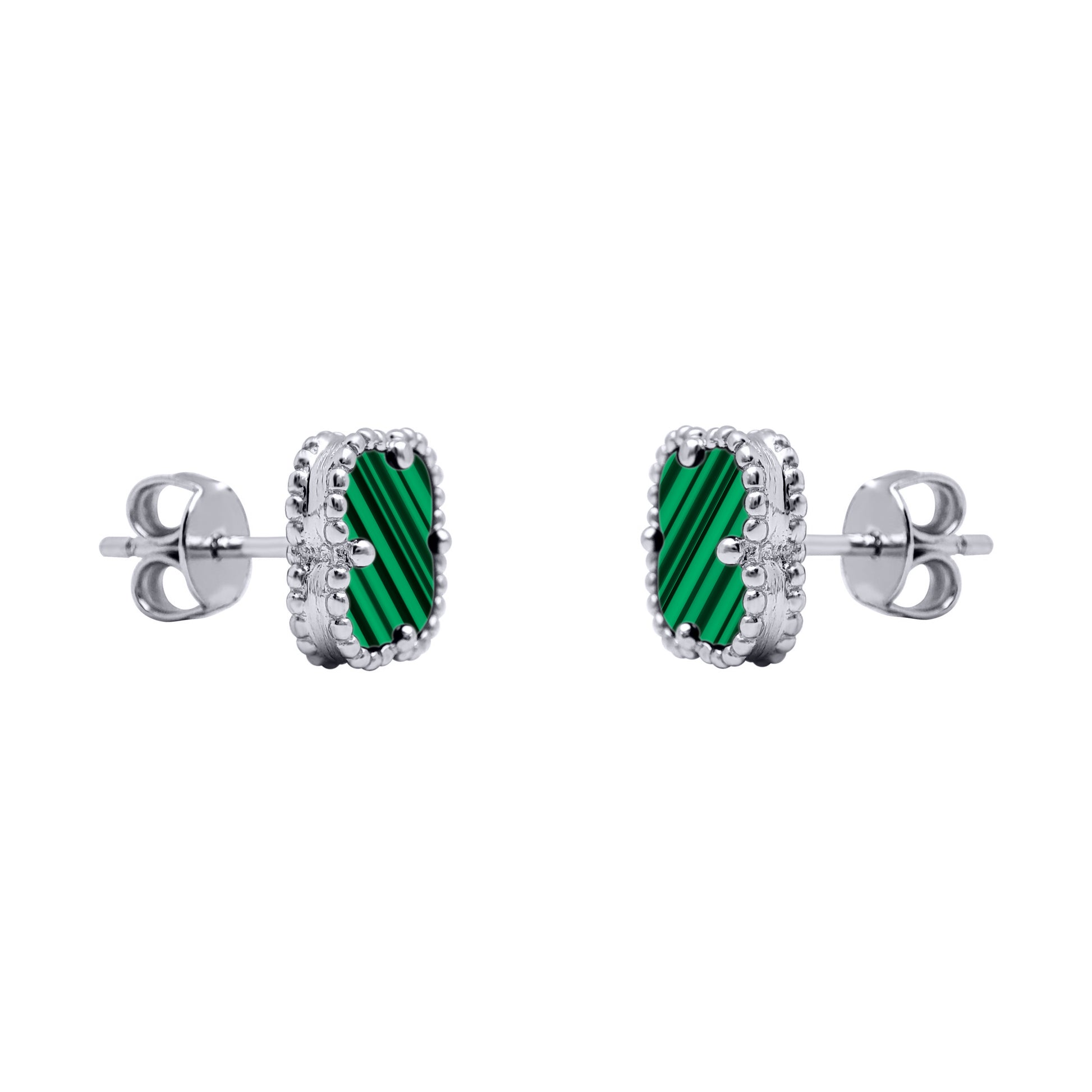 Silver Green Clover Malachite Lucky Charm Stud Earrings - AES257