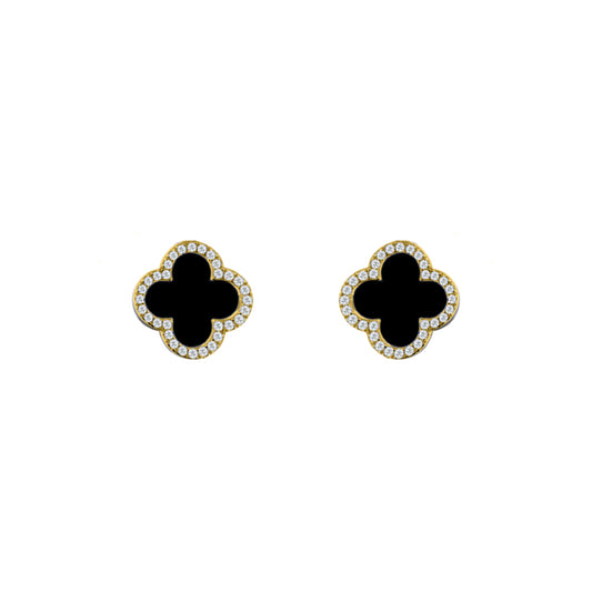 Gold-plated Silver Black Clover Onyx CZ Halo Lucky Charm Earrings - AES258-GP