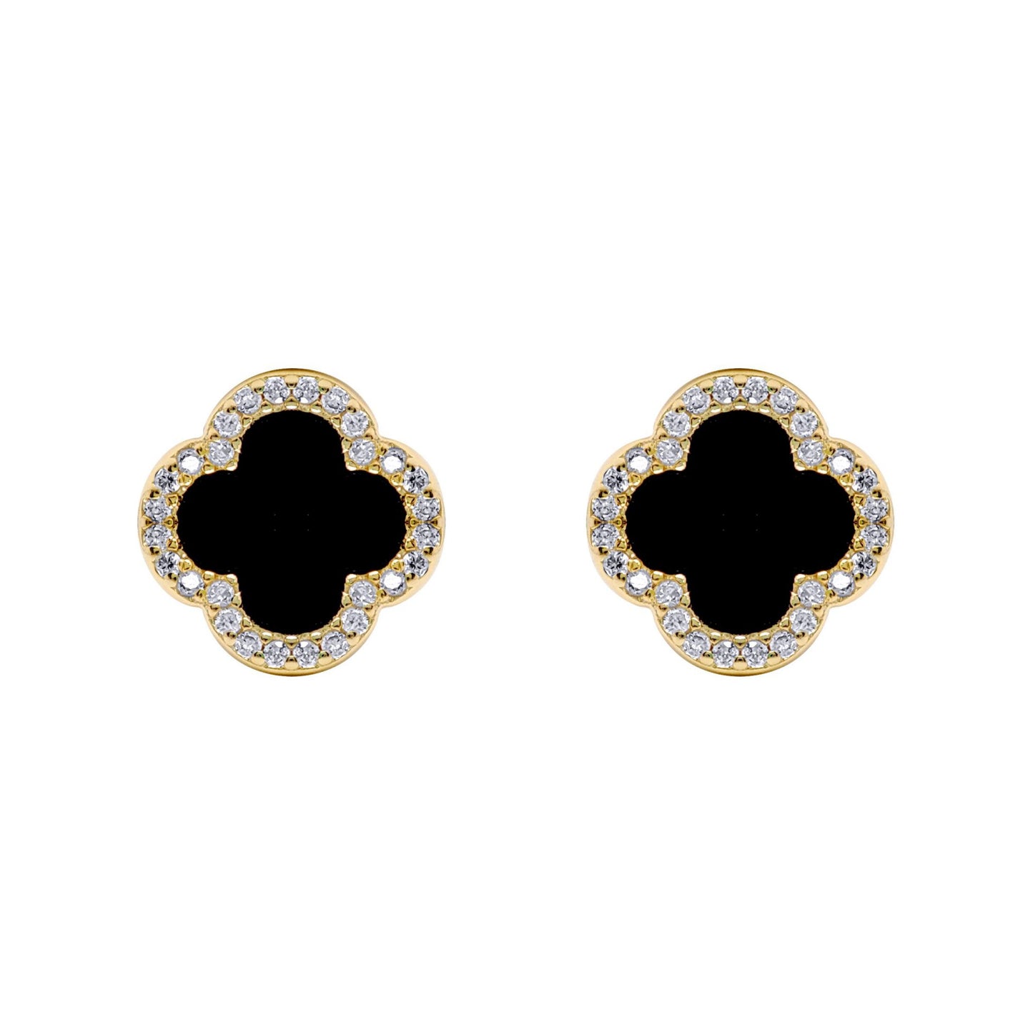 Gold-plated Silver Black Clover Onyx CZ Halo Lucky Charm Earrings - AES258-GP