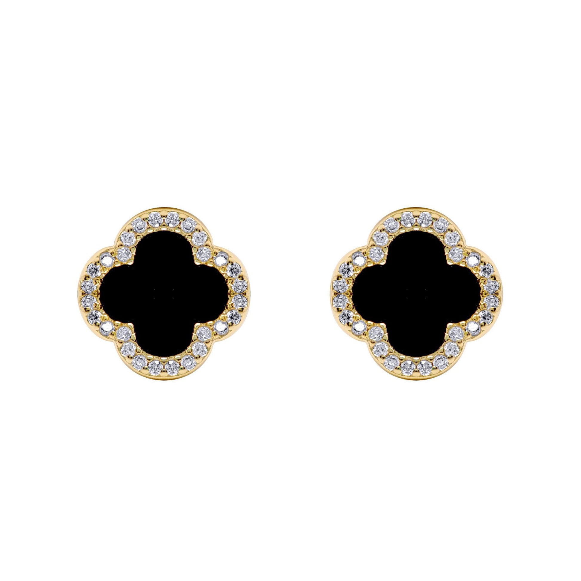 Gold-plated Silver Black Clover Onyx CZ Halo Lucky Charm Earrings - AES258-GP
