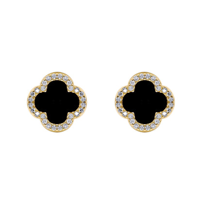 Gold-plated Silver Black Clover Onyx CZ Halo Lucky Charm Earrings - AES258-GP