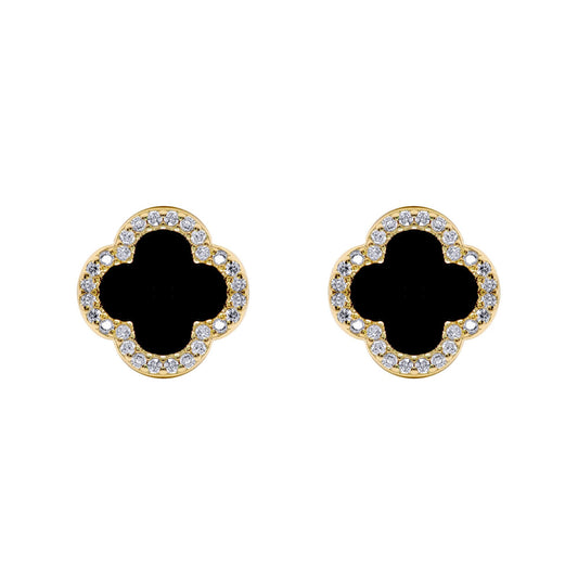 Gold-plated Silver Black Clover Onyx CZ Halo Lucky Charm Earrings - AES258-GP