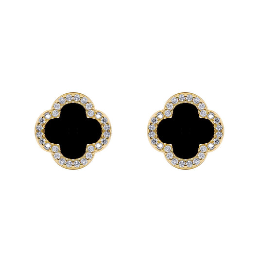 Gold-plated Silver Black Clover Onyx CZ Halo Lucky Charm Earrings - AES258-GP