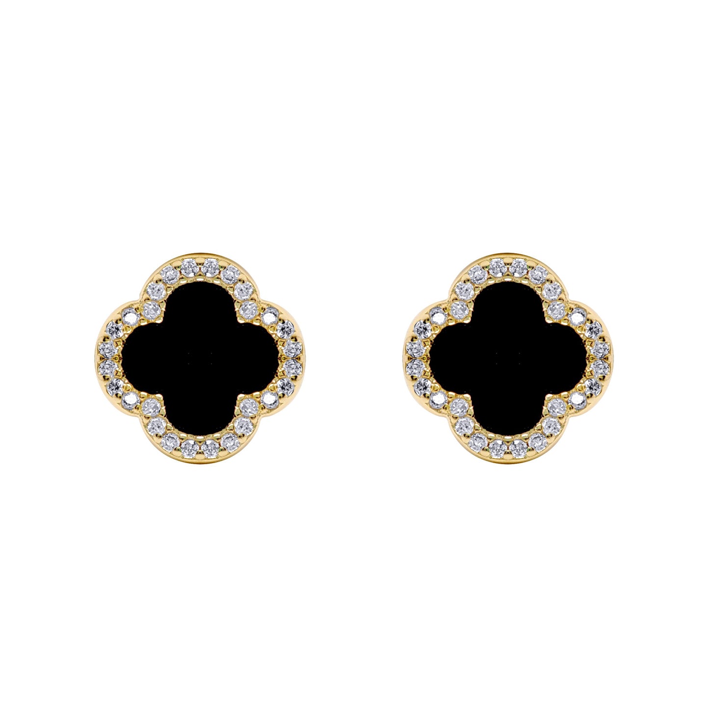 Gold-plated Silver Black Clover Onyx CZ Halo Lucky Charm Earrings - AES258-GP