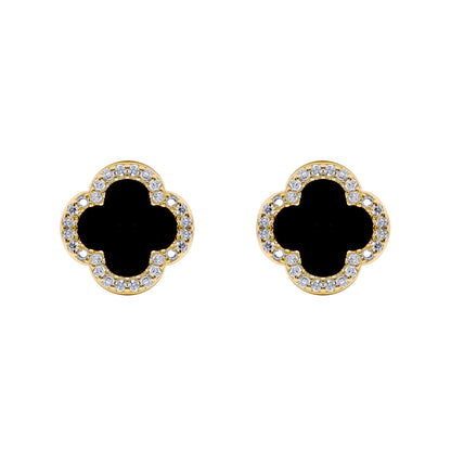 Gold-plated Silver Black Clover Onyx CZ Halo Lucky Charm Earrings - AES258-GP