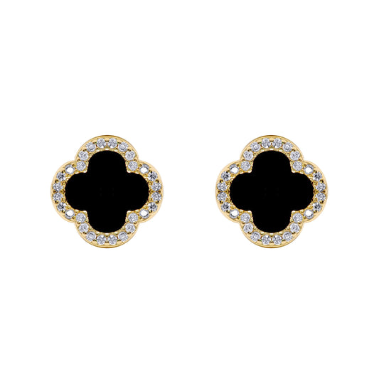 Gold-plated Silver Black Clover Onyx CZ Halo Lucky Charm Earrings - AES258-GP