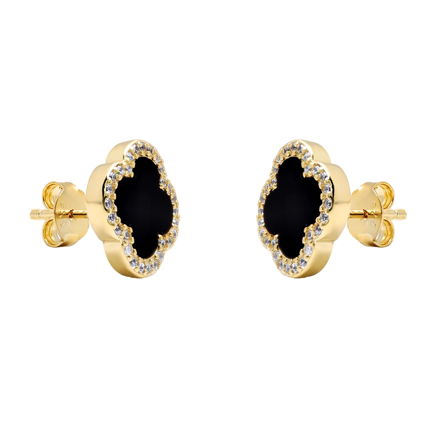 Gold-plated Silver Black Clover Onyx CZ Halo Lucky Charm Earrings - AES258-GP