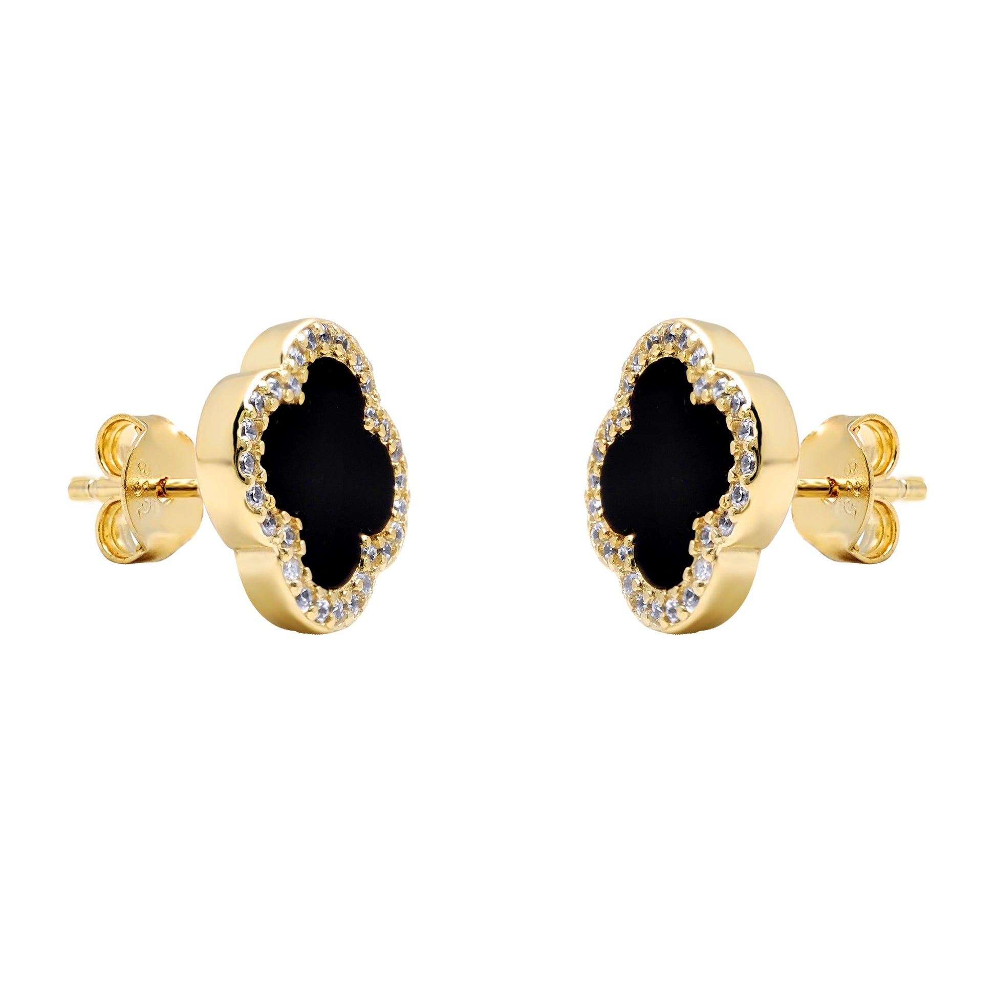 Gold-plated Silver Black Clover Onyx CZ Halo Lucky Charm Earrings - AES258-GP