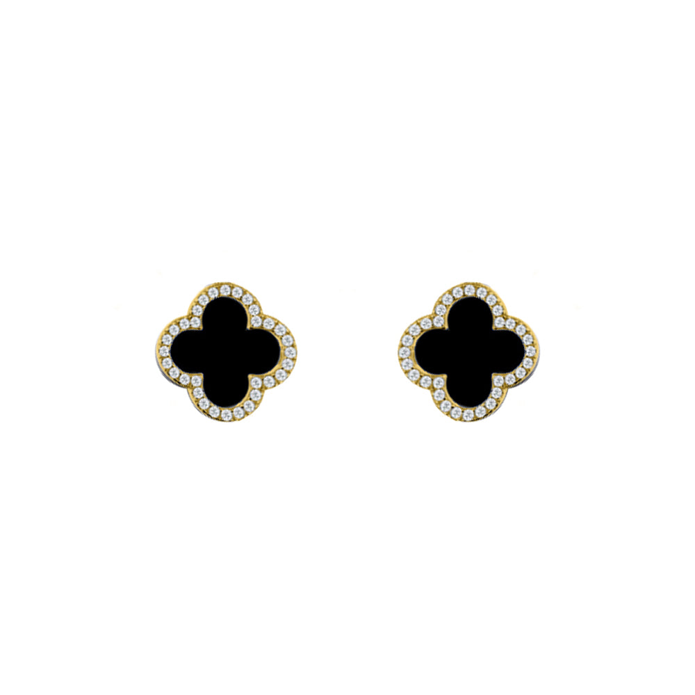 Gold-plated Silver Black Clover Onyx CZ Halo Lucky Charm Earrings - AES258-GP