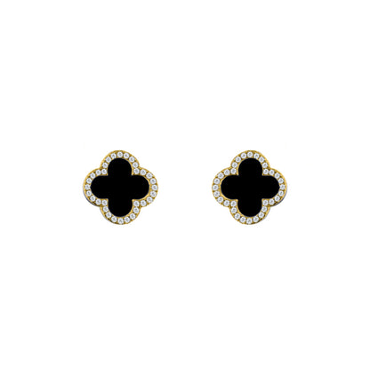 Gold-plated Silver Black Clover Onyx CZ Halo Lucky Charm Earrings - AES258-GP