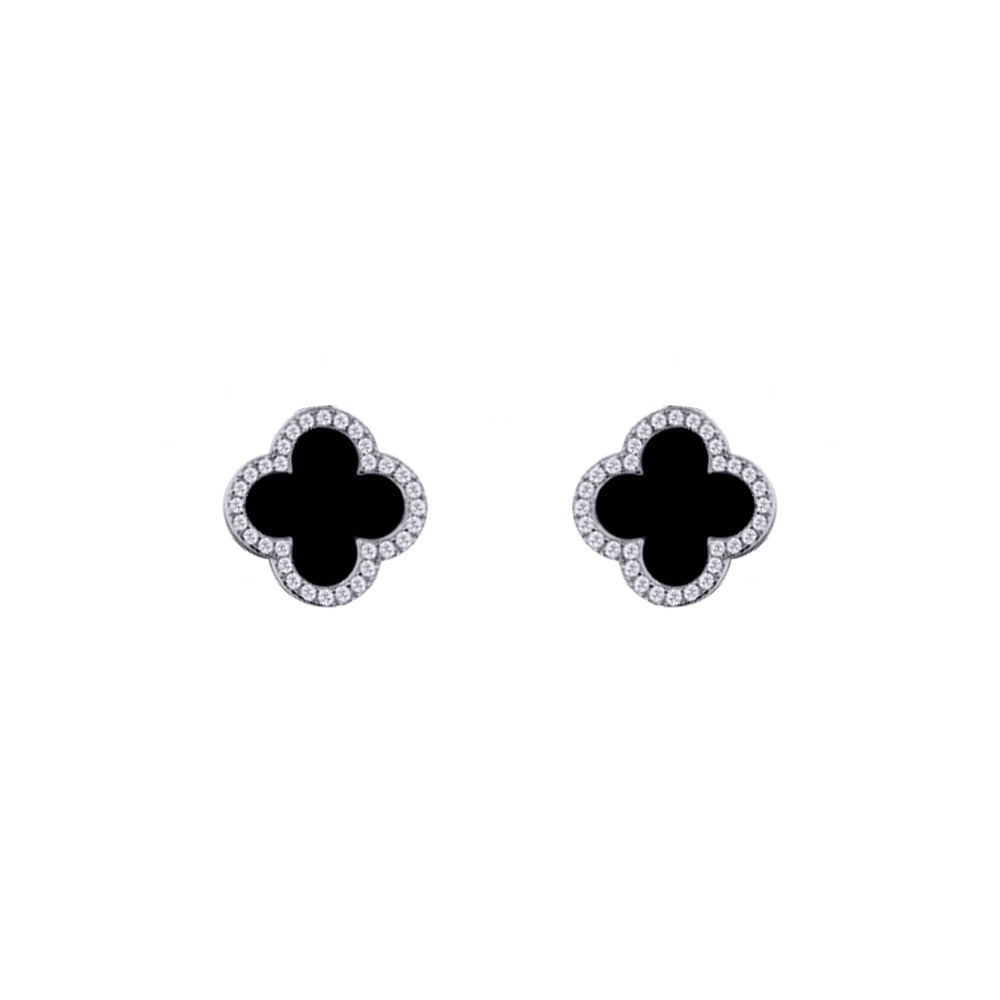 Silver Black Clover Onyx CZ Halo Lucky Charm Earrings - AES258