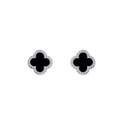 Silver Black Clover Onyx CZ Halo Lucky Charm Earrings - AES258