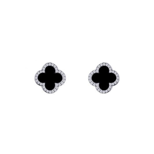 Silver Black Clover Onyx CZ Halo Lucky Charm Earrings - AES258