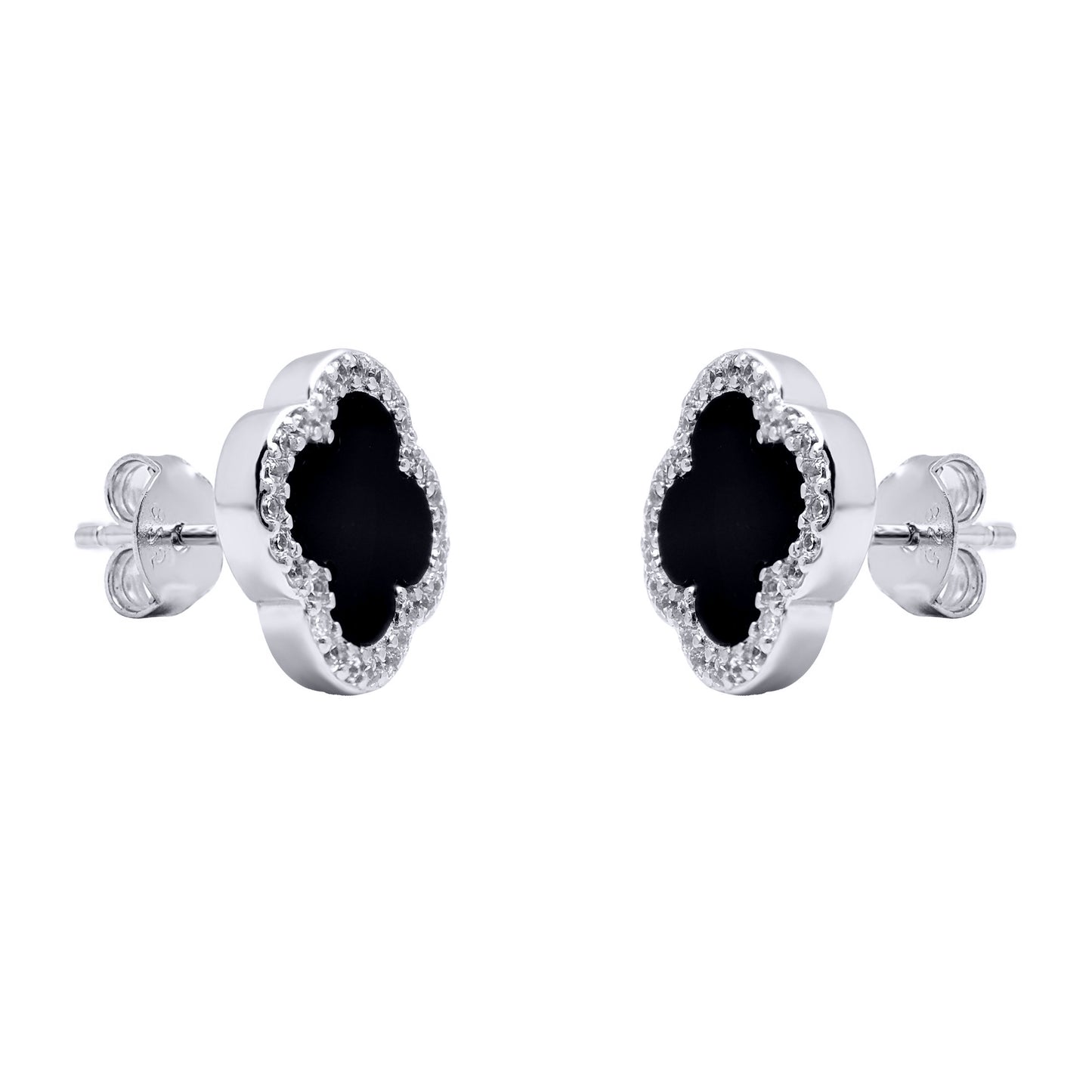 Silver Black Clover Onyx CZ Halo Lucky Charm Earrings - AES258