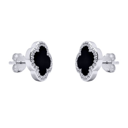 Silver Black Clover Onyx CZ Halo Lucky Charm Earrings - AES258